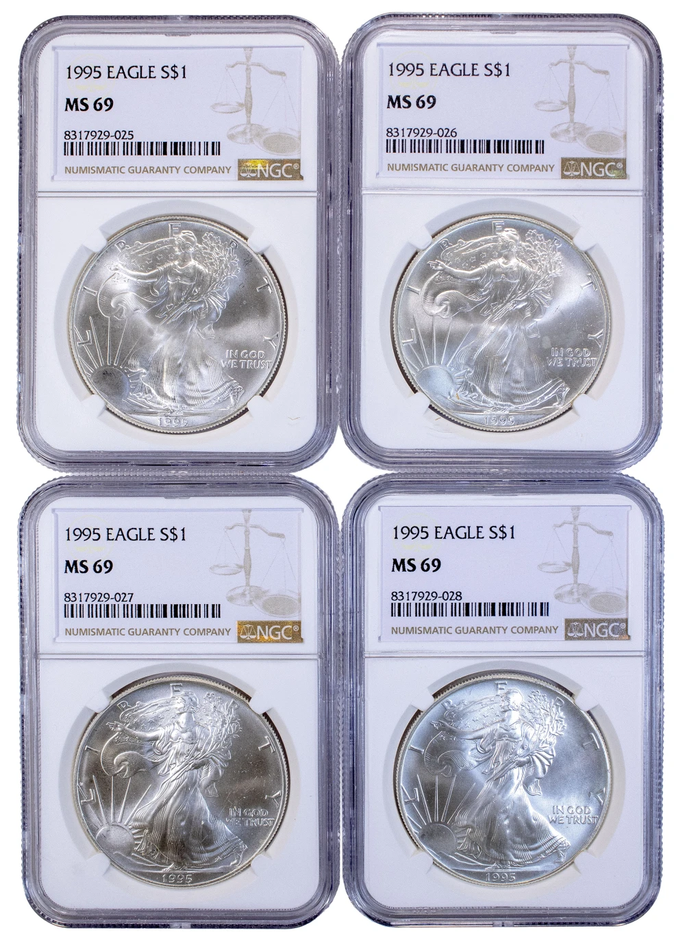 4 Pcs NGC MS-69 1995 Silver Eagles