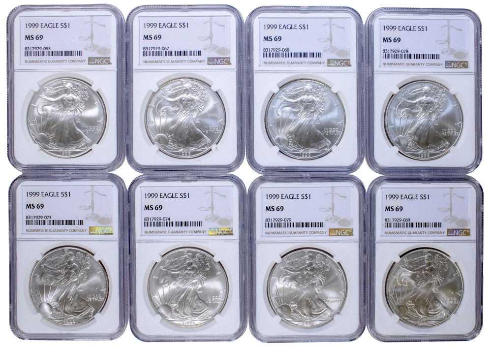 8 Pcs NGC MS-69 1999 Silver Eagles