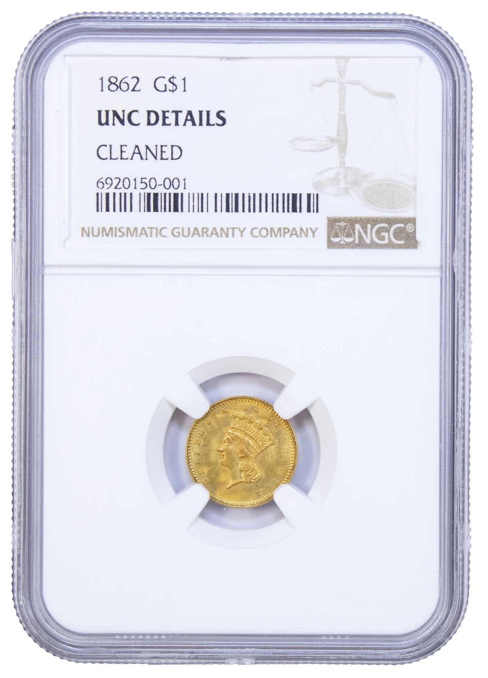 NGC Unc Details 1862 Gold $1