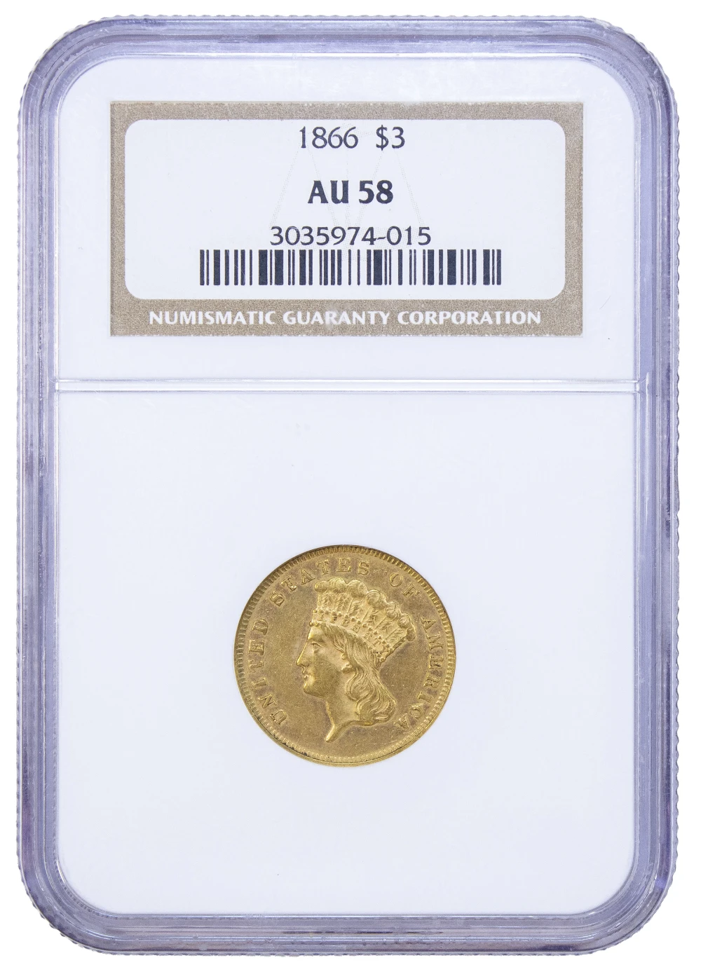 NGC AU-58 1866 Gold $3