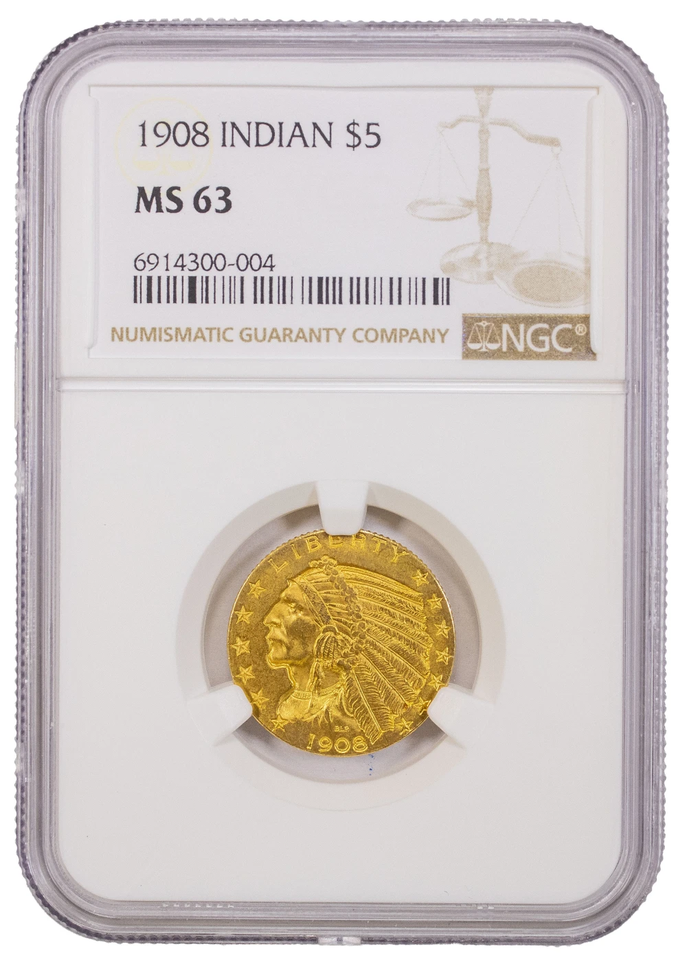 NGC MS-63 1908 Indian Gold $5