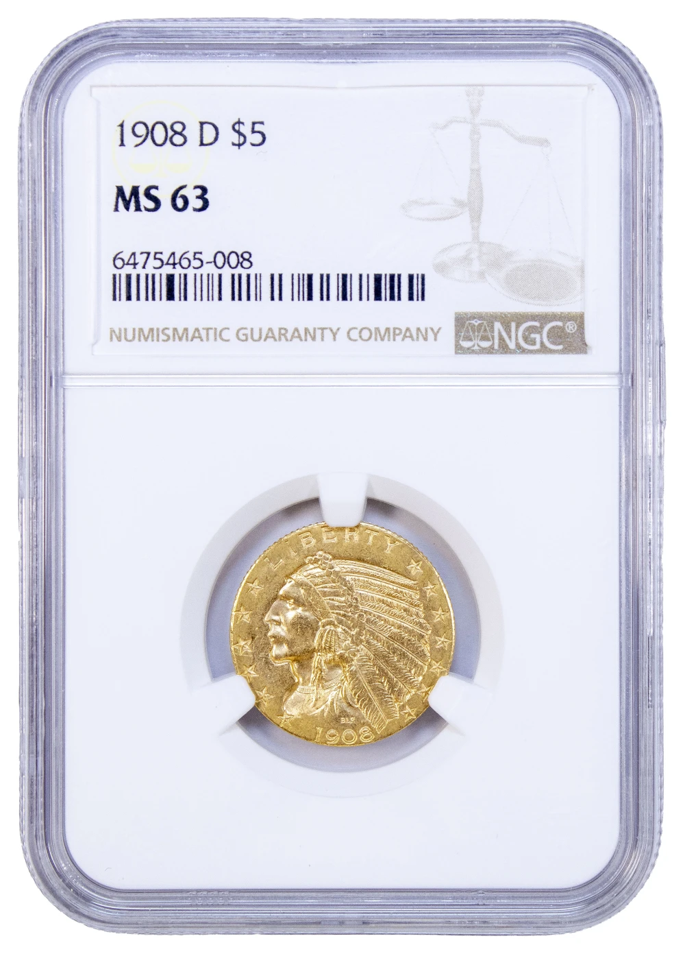 NGC MS-63 1908-D Indian Gold $5