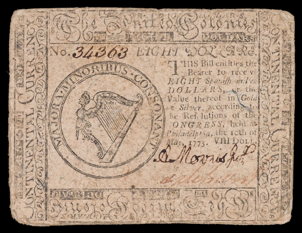 Continental Currency. Fine+ 1775 Eight Dollars