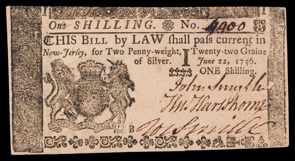 New-Jersey. Crisp New 1756 One Shilling Note