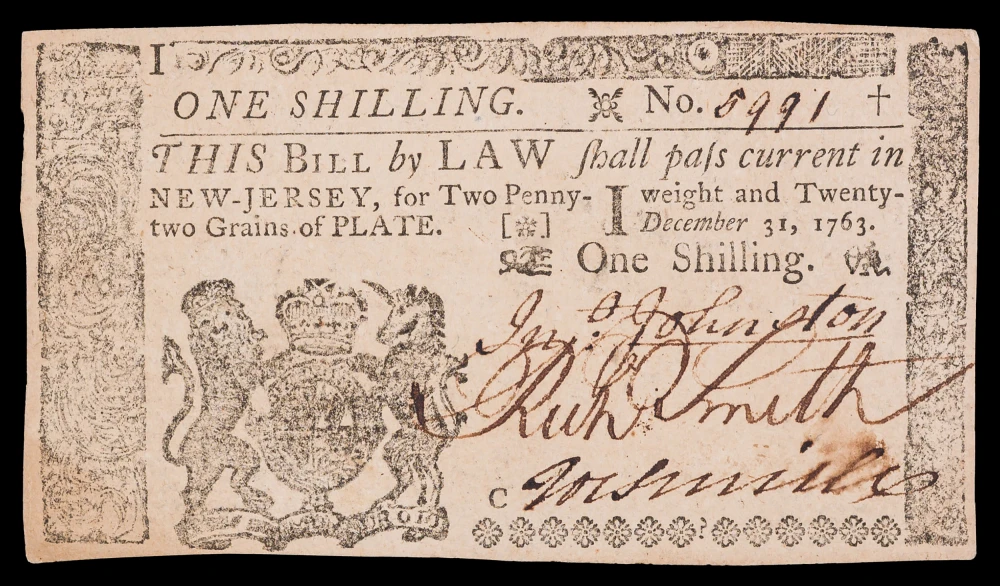 New-Jersey. Crisp New 1763 One Shilling Note