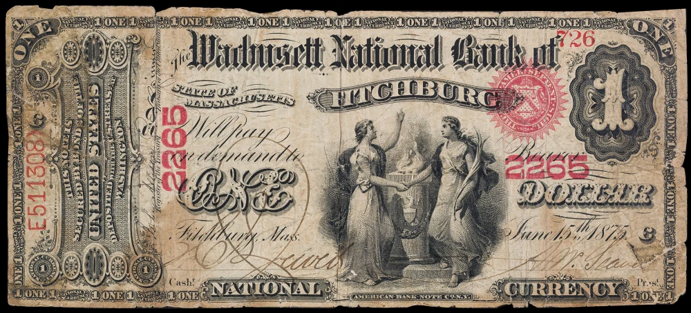 Massachusetts. VG 1875 $1 National Currency Note