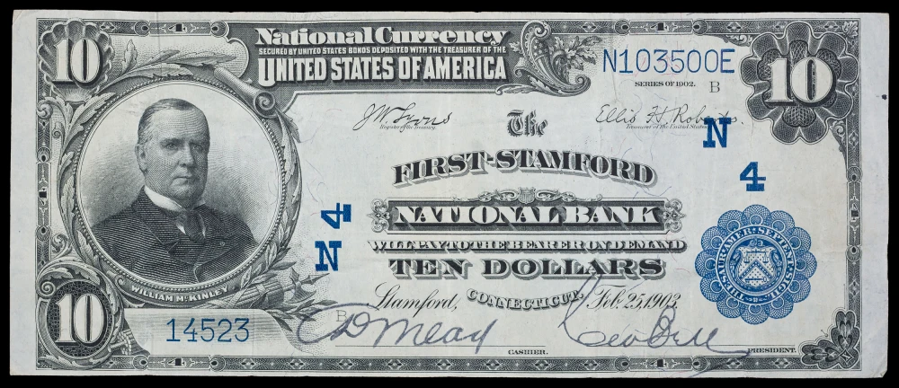 Connecticut. VF+ 1902 National Currency $10
