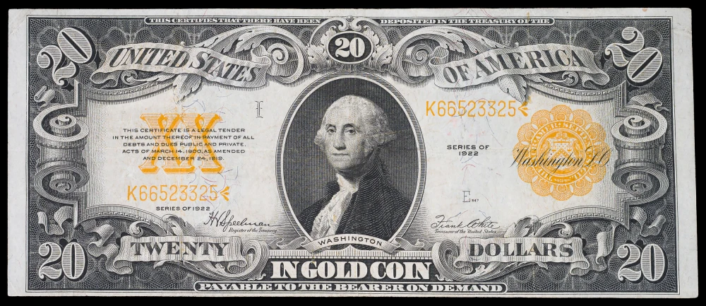 VF+ 1922 $20 Gold Certificate