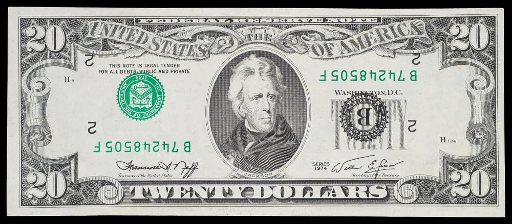CU 1974 $20 FRN Inverted Overprint Error.