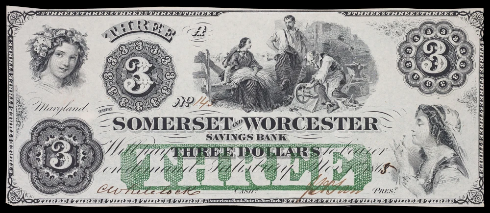 Massachusetts. AU+ 1865 $3 Obsolete Note