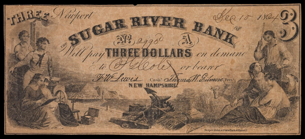 New Hampshire. VF-EF 1864 $3 Obsolete Note