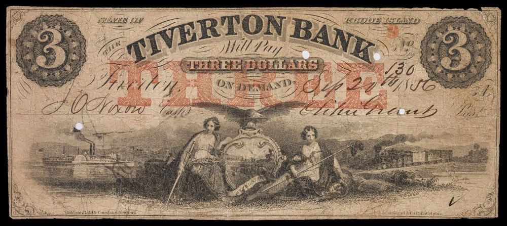 Rhode Island. Fine 1856 $3 Obsolete Note