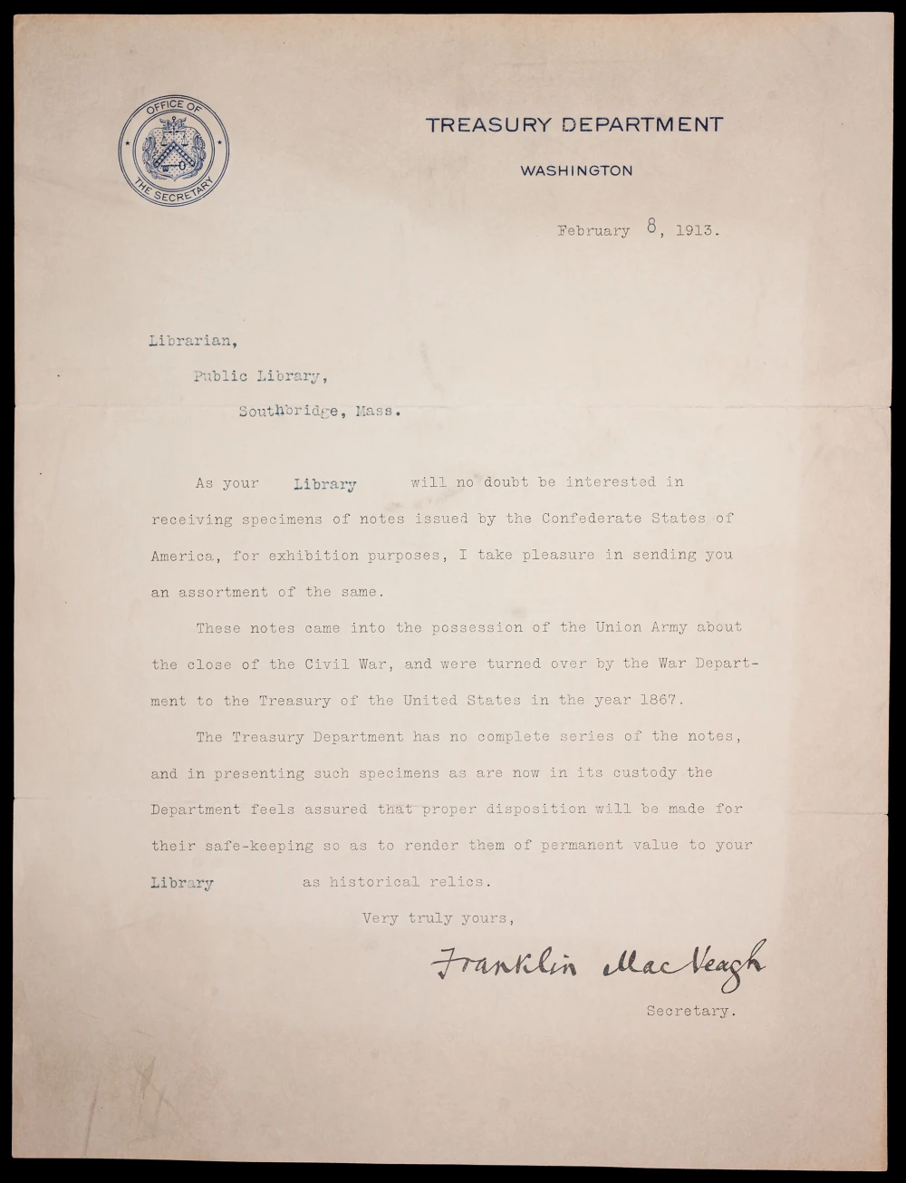 1913 Treasury Letter and Confederate Notes