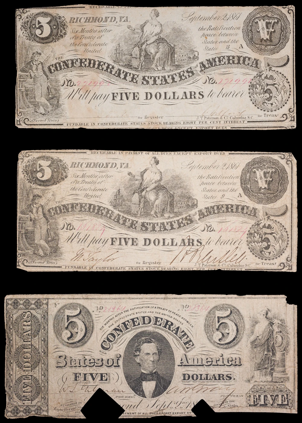 Confederate. Trio of $5 Notes