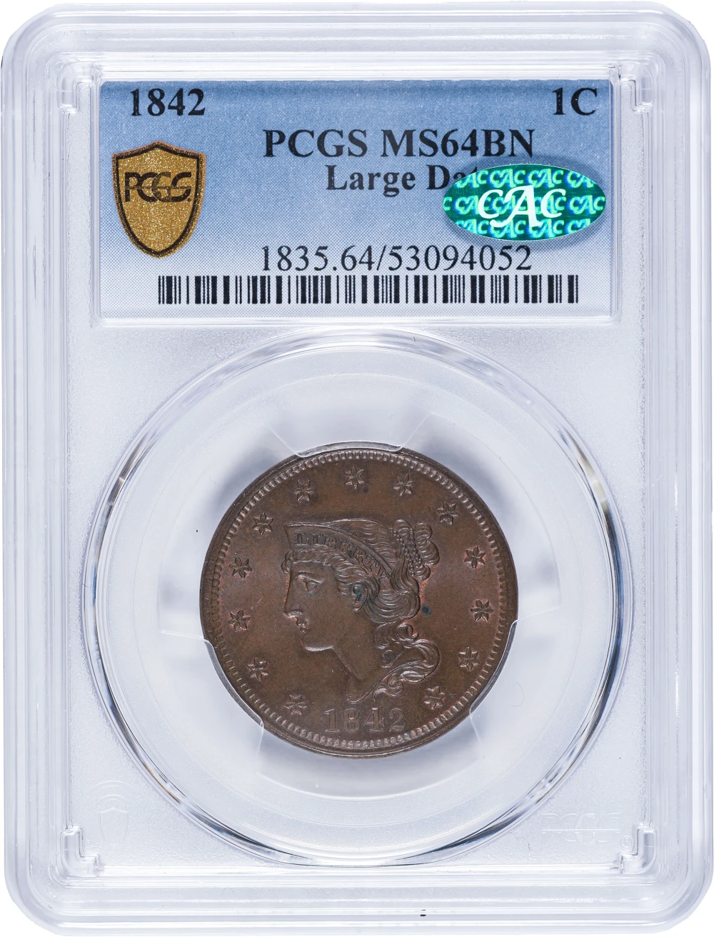 PCGS-64 BN CAC 1842 Large Cent