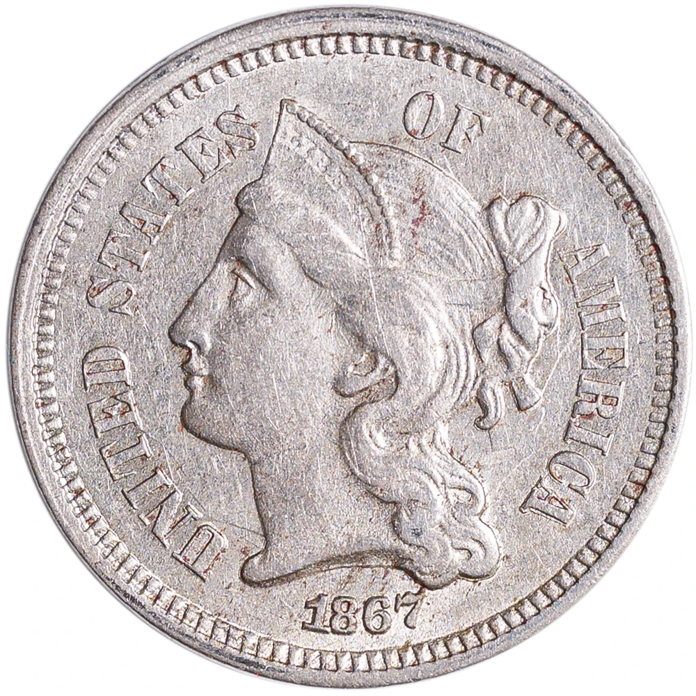 AU-58 1867 Three Cent Nickel