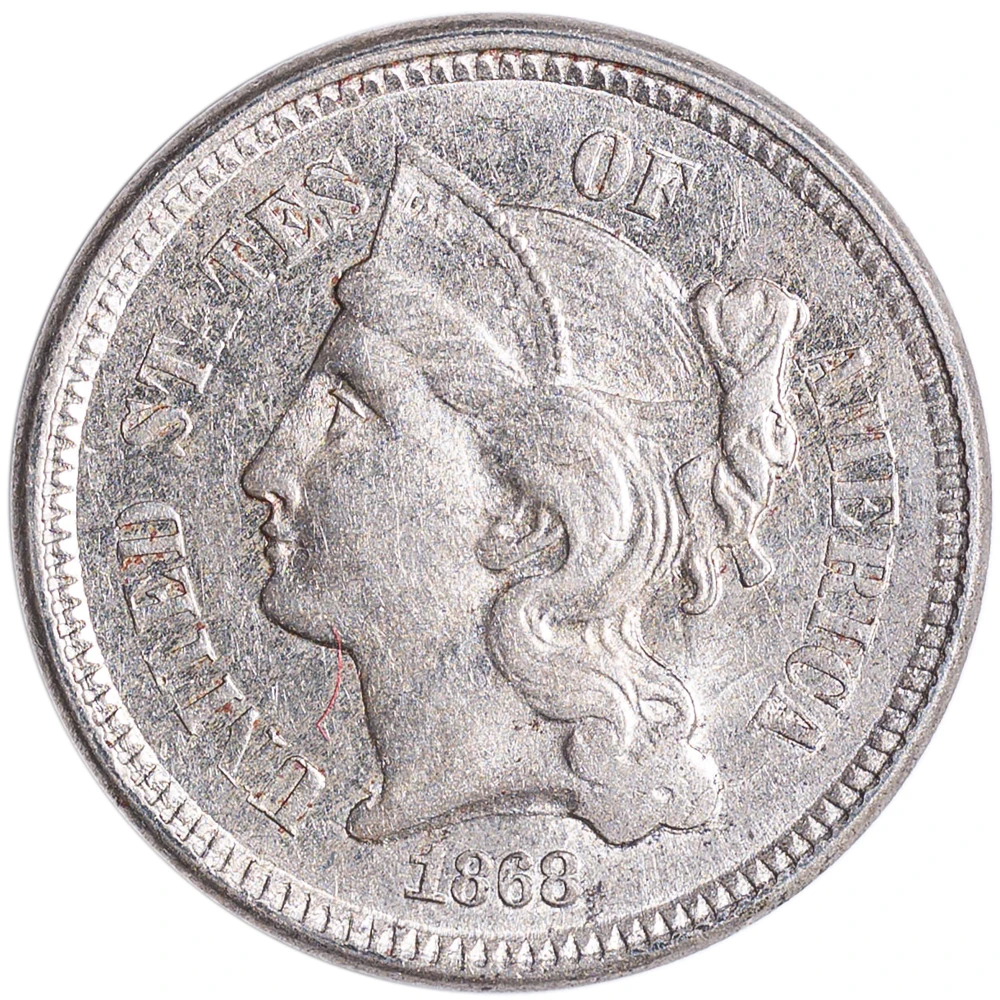 AU-58 1868 Three Cent Nickel