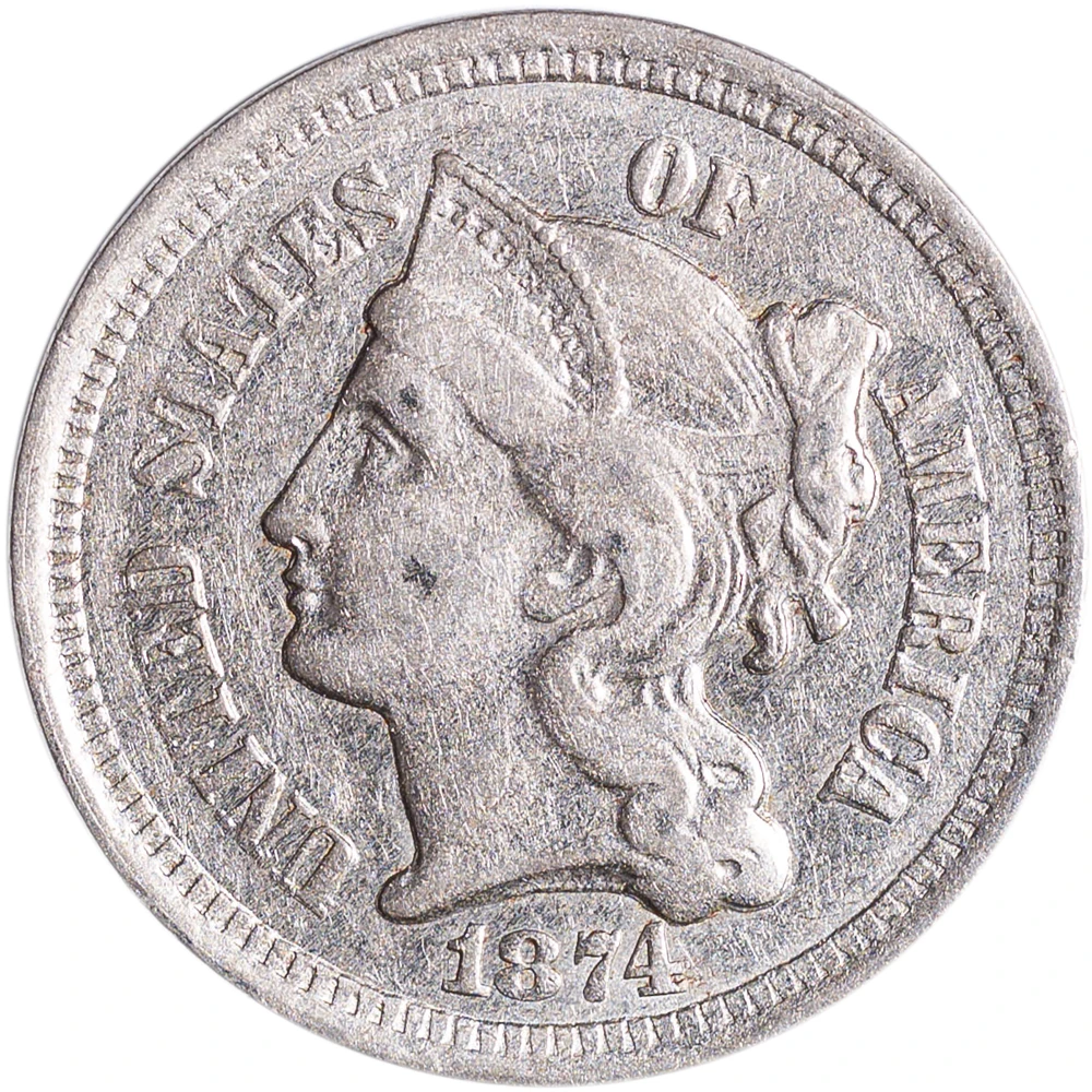 AU-50 1874 Three Cent Nickel