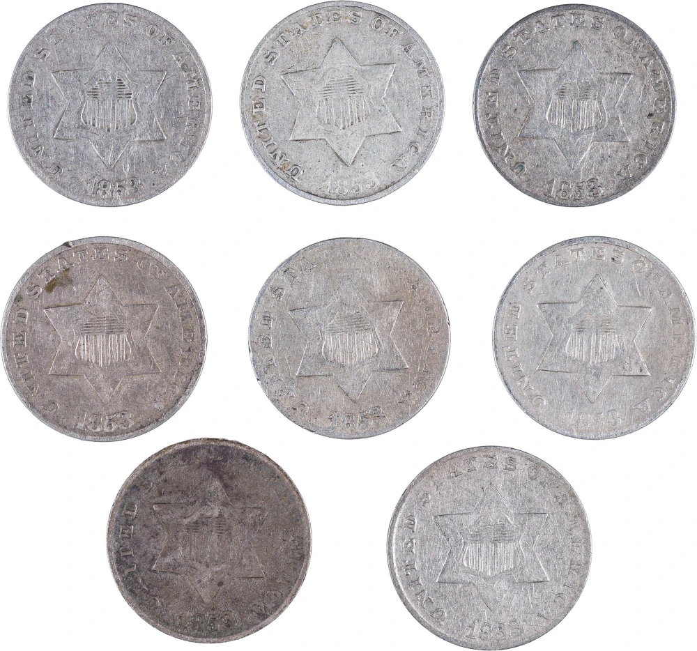 Lot Of 8 1853 Silver Three-Cents