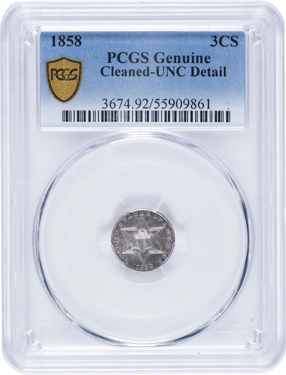 PCGS UNC Details 1858 Silver Three-Cents