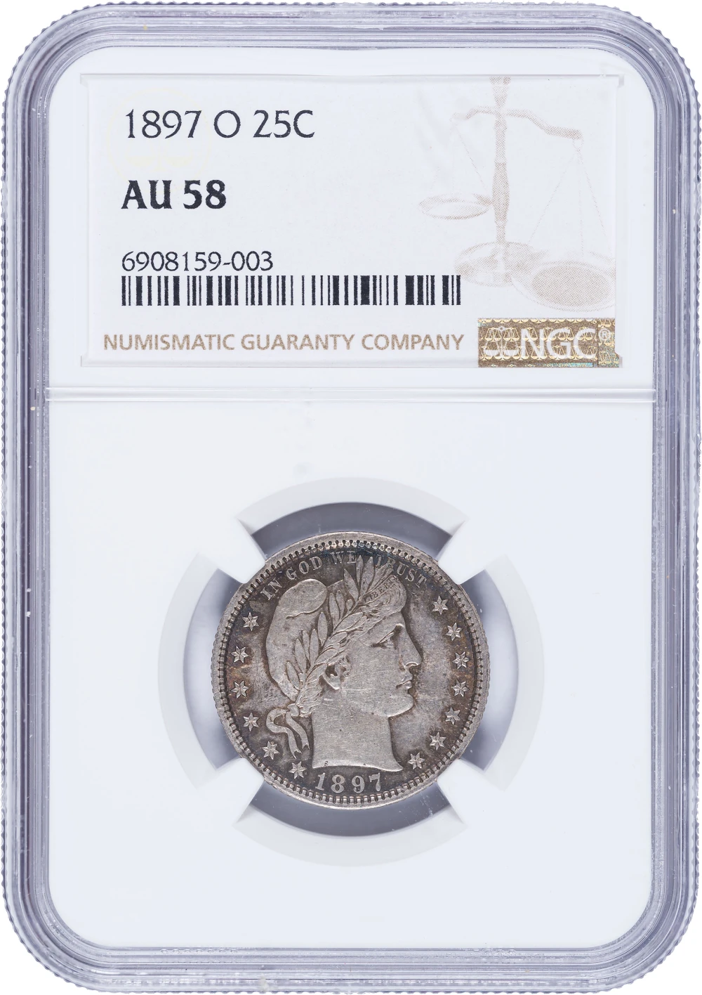 NGC AU-58 1897-O Barber Quarter