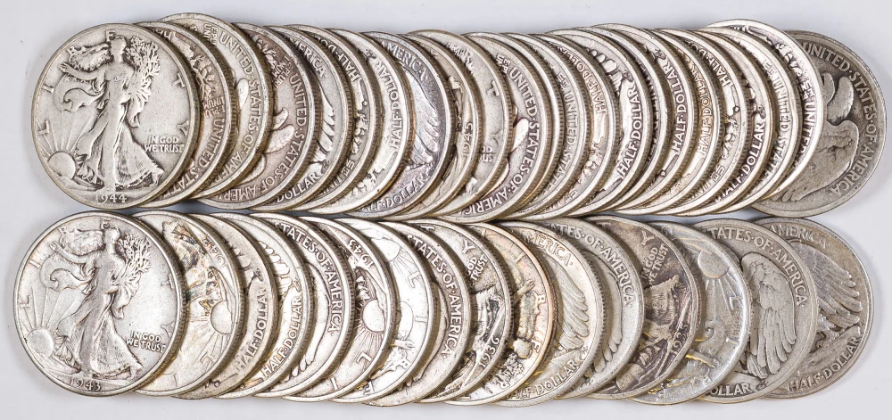 40 Pieces Circulated Walking Liberty Half Dollars