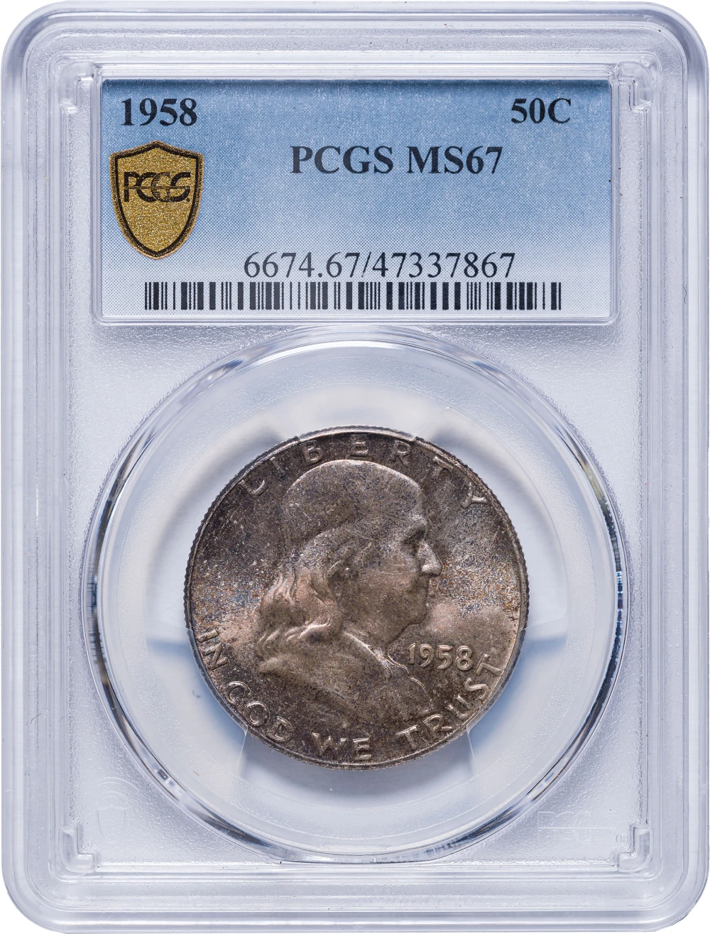 PCGS MS-67 Toned 1958 Half Dollar