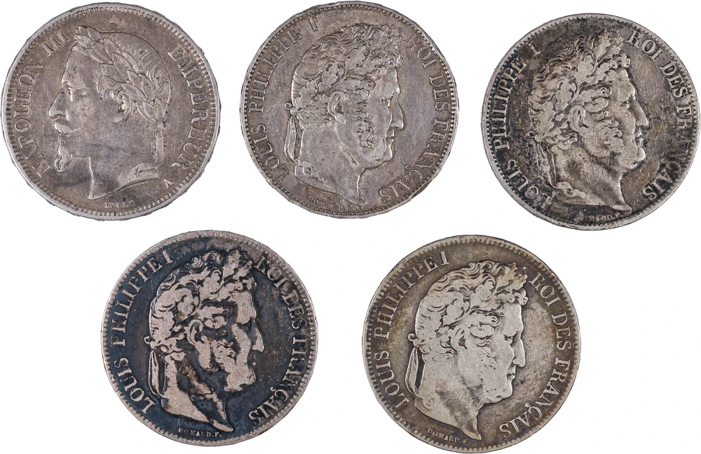 France. 5 Different 1800's 5 Francs