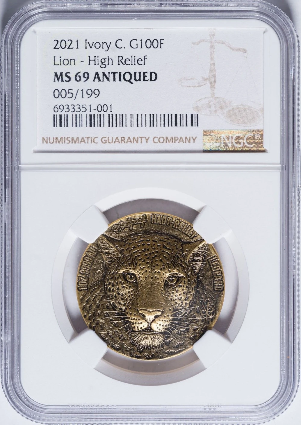 Ivory Coast. NGC MS-69 2021 One Ounce Gold Lion