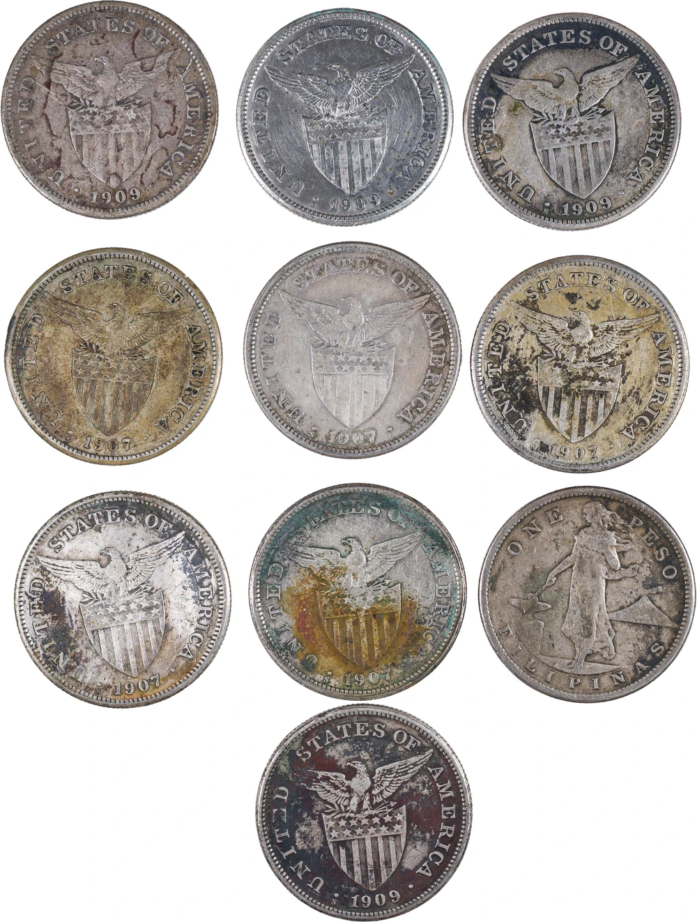 Philippines. 10 Pieces Mixed 1907-09 1 Peso