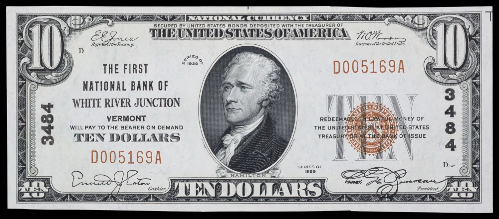 Crisp UNC 1929 $10 White River Jct Vermont