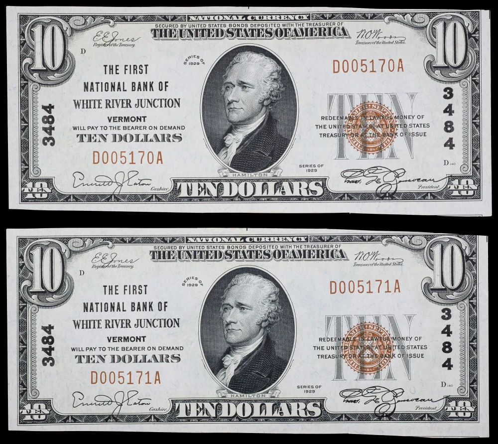 Crisp UNC 1929 $10 White River Jct Vermont Pair