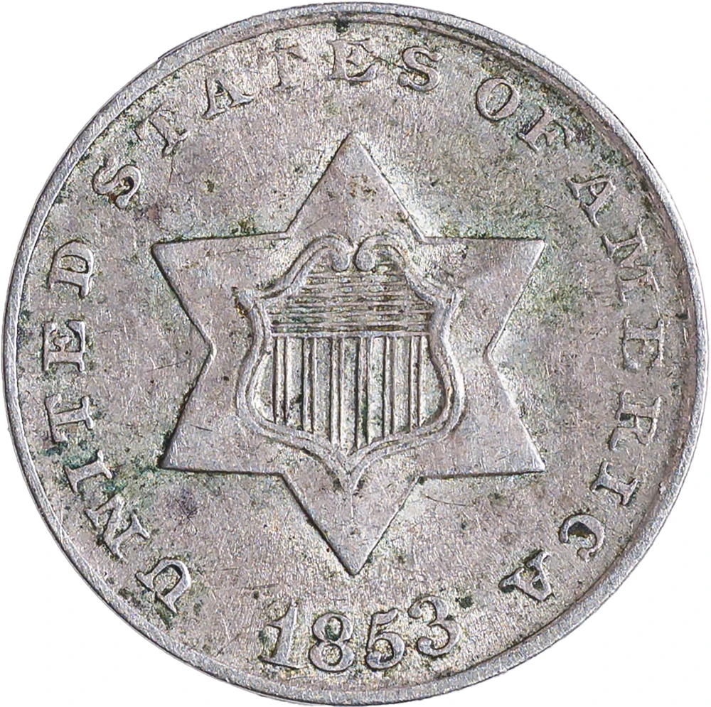 Choice AU-55 1853 Silver Three-Cents