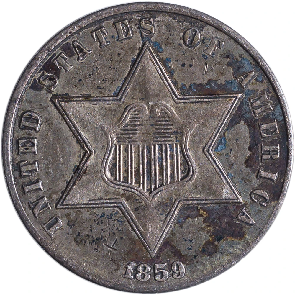 AU-50+ Toned 1859 Silver Three-Cents
