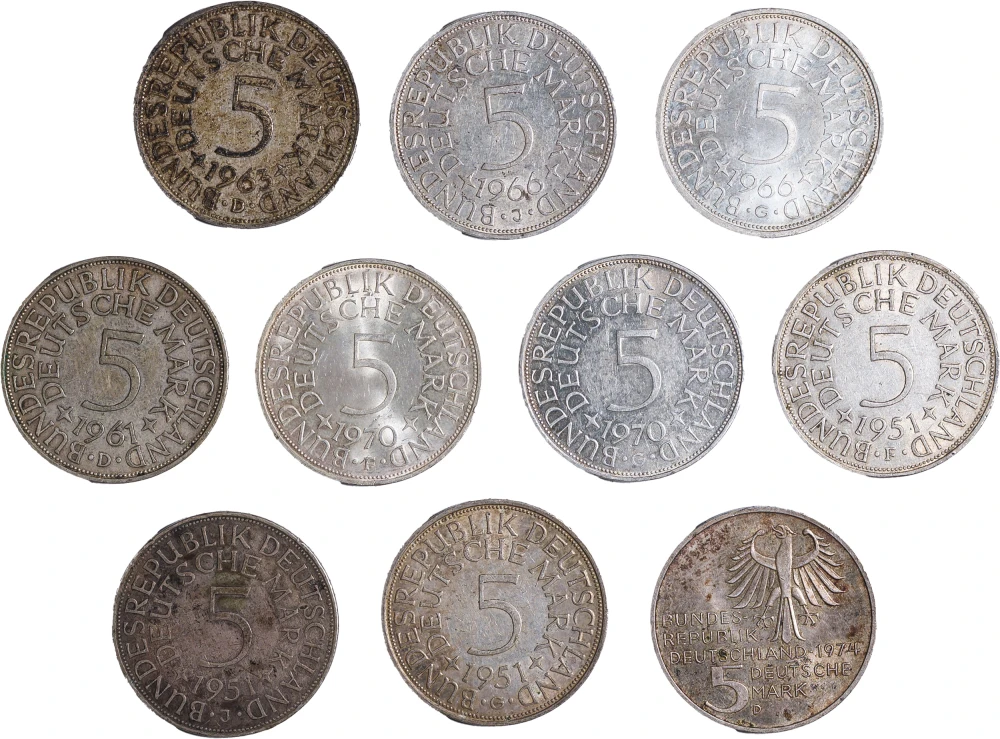 Germany. 10 Pcs  Silver 5 Marks