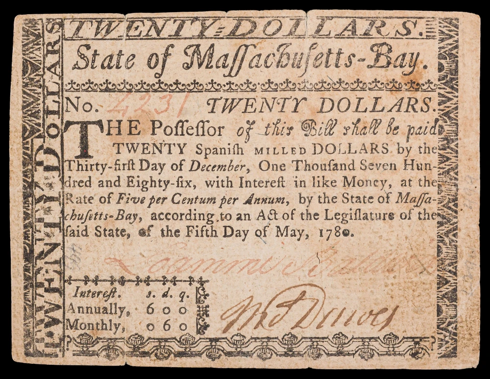 Massachusetts-Bay. VF 1780 Twenty Dollars