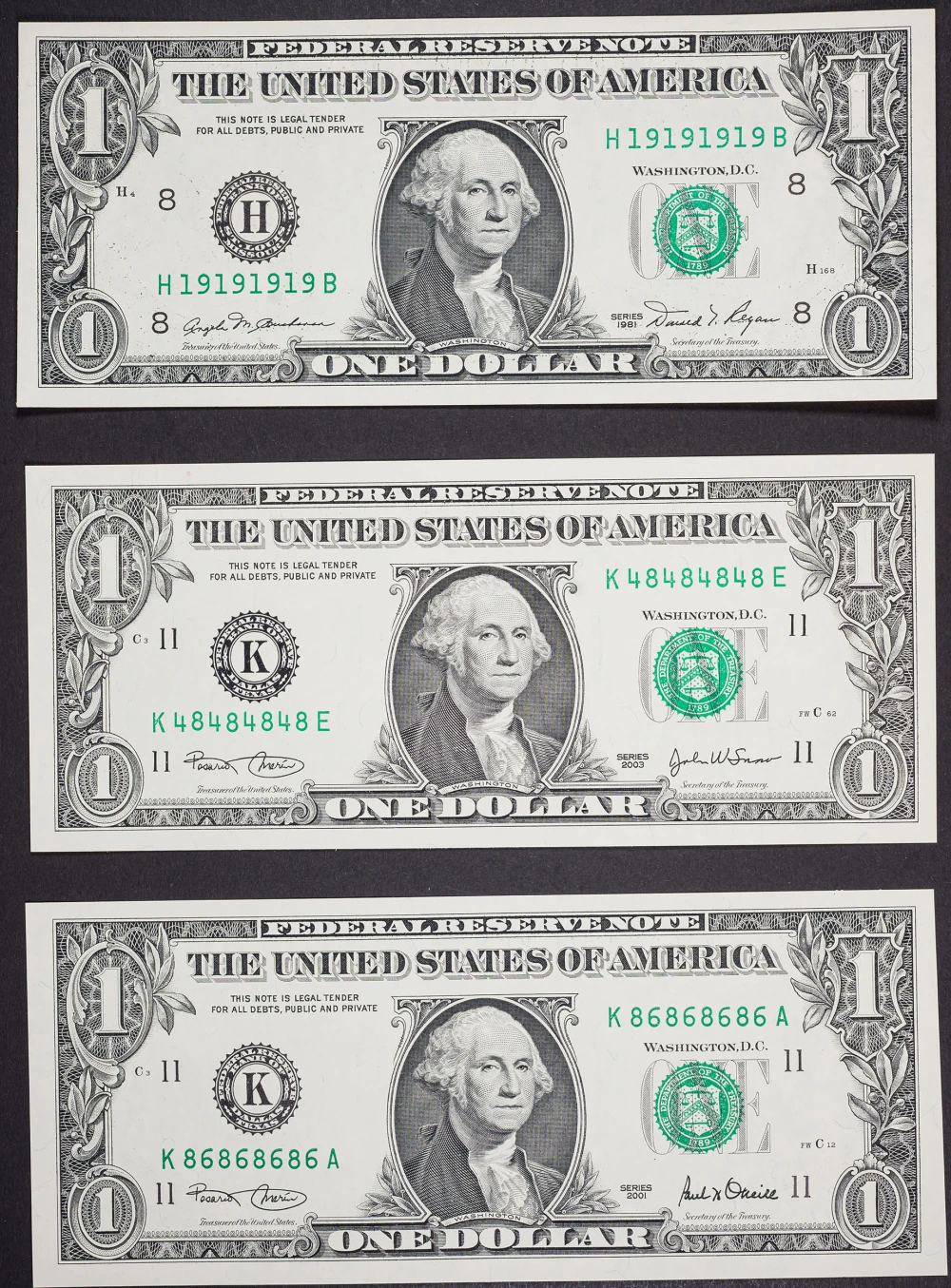 3 Pcs Choice To Gem UNC $1 FRN Repeaters