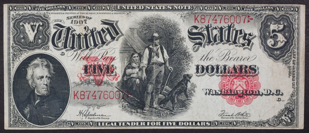 VF+ 1907 $5 Wood Chopper United States Note