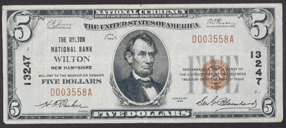 VF Wilton NH $5 1929 National Currency