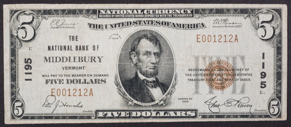 VF Middlebury VT $5 1929 National Currency