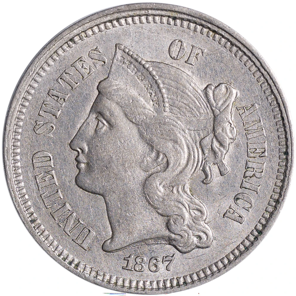 AU-58 Slider 1867 Nickel Three-Cents