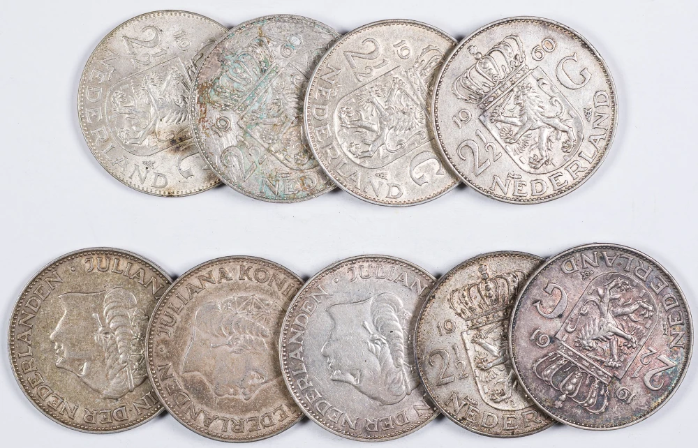 Netherlands. 9 Pcs EF/AU 1959-66 2 1/2 Gulden