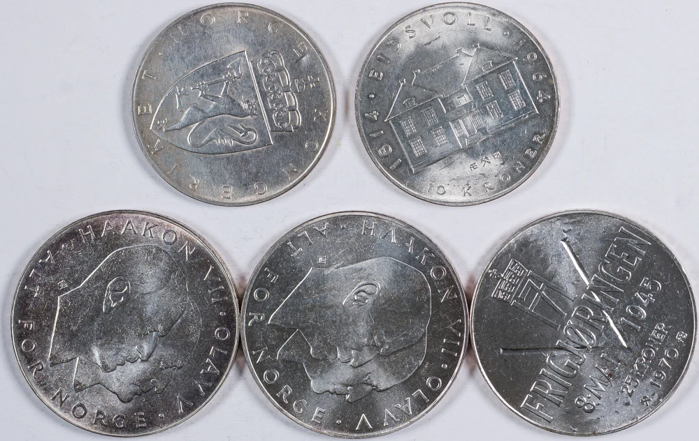 Norway. 5 Piece 10 & 25 Silver Kroner Lot