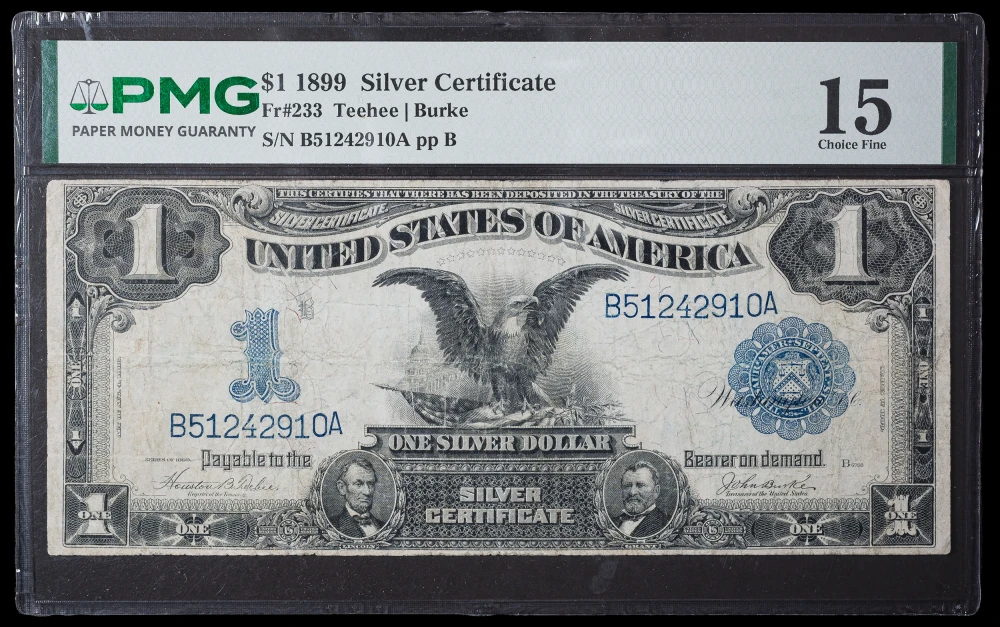 PMG Fine-15 1899 $1 Black Eagle