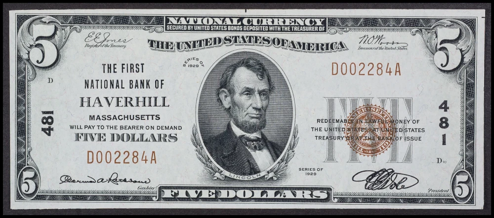 AU 1929 Haverhill MA $5 National