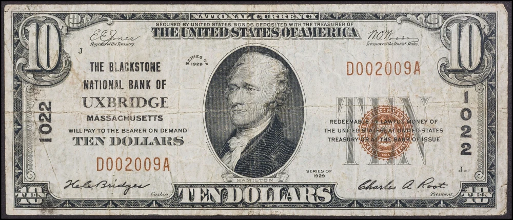 VF 1929 $10 Uxbridge MA National