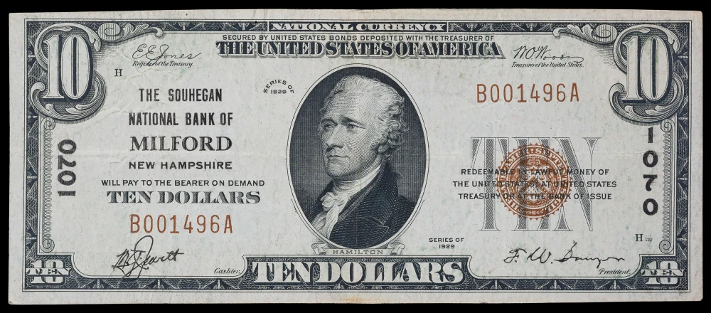 VF 1929 $10 Milford NH National Currency