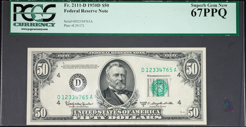 PCGS Superb Gem-67 PPQ 1950D $50 Federal Reserve