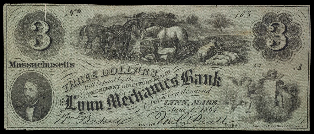 VF 1864 Lynn MA $3 Obsolete Currency
