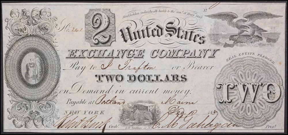 Crisp UNC 1837 Portland ME $2 Obsolete Currency